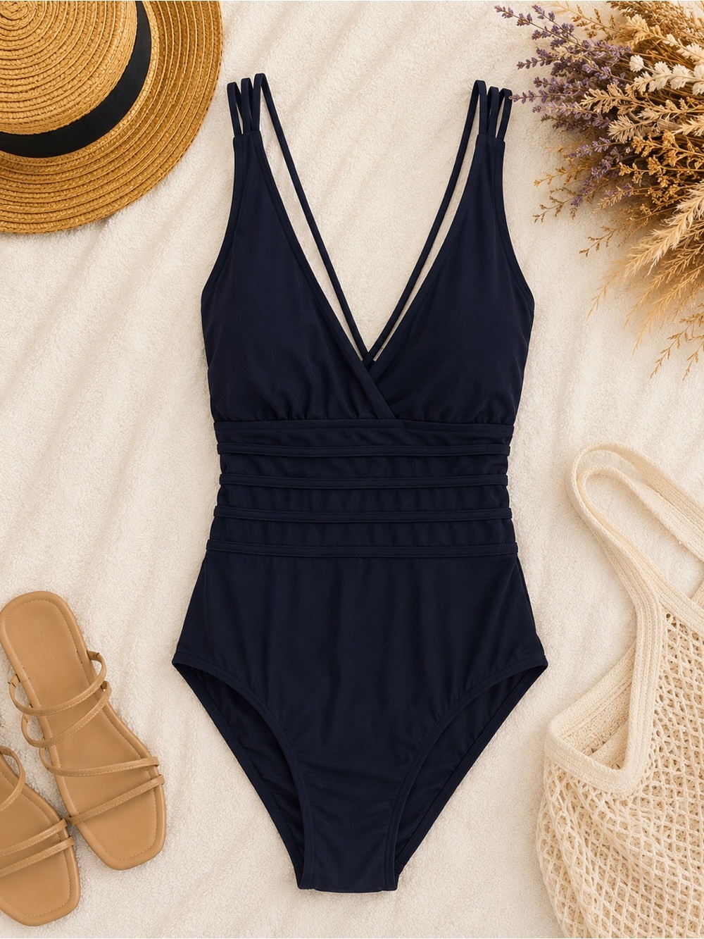 Catherine Malandrino Navy Deep V One-Piece with Strappy Back